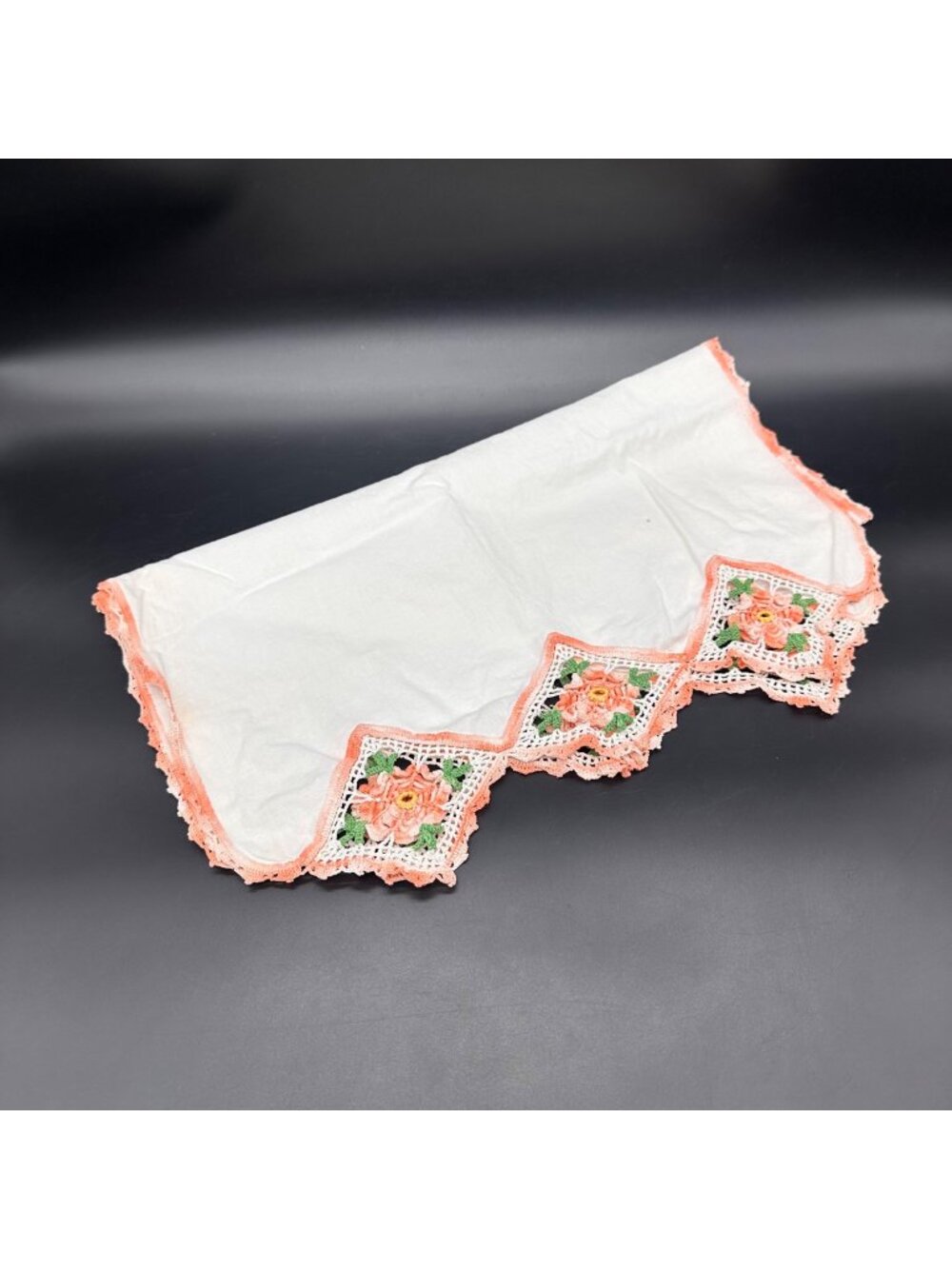Vintage Table Runner Peach Green Crochet Floral Edges Handmade Flour Sack Cotton